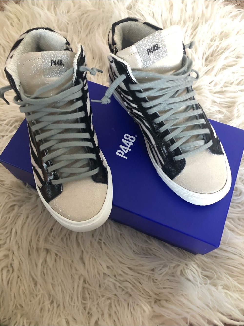 P448 Zebra-Print calf-hair High Tops with Silver Glitter front & glitter tongue